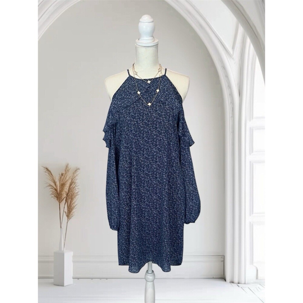 Michael Kors Cold Shoulder  Blue Floral Ruffle Dress Size  Medium